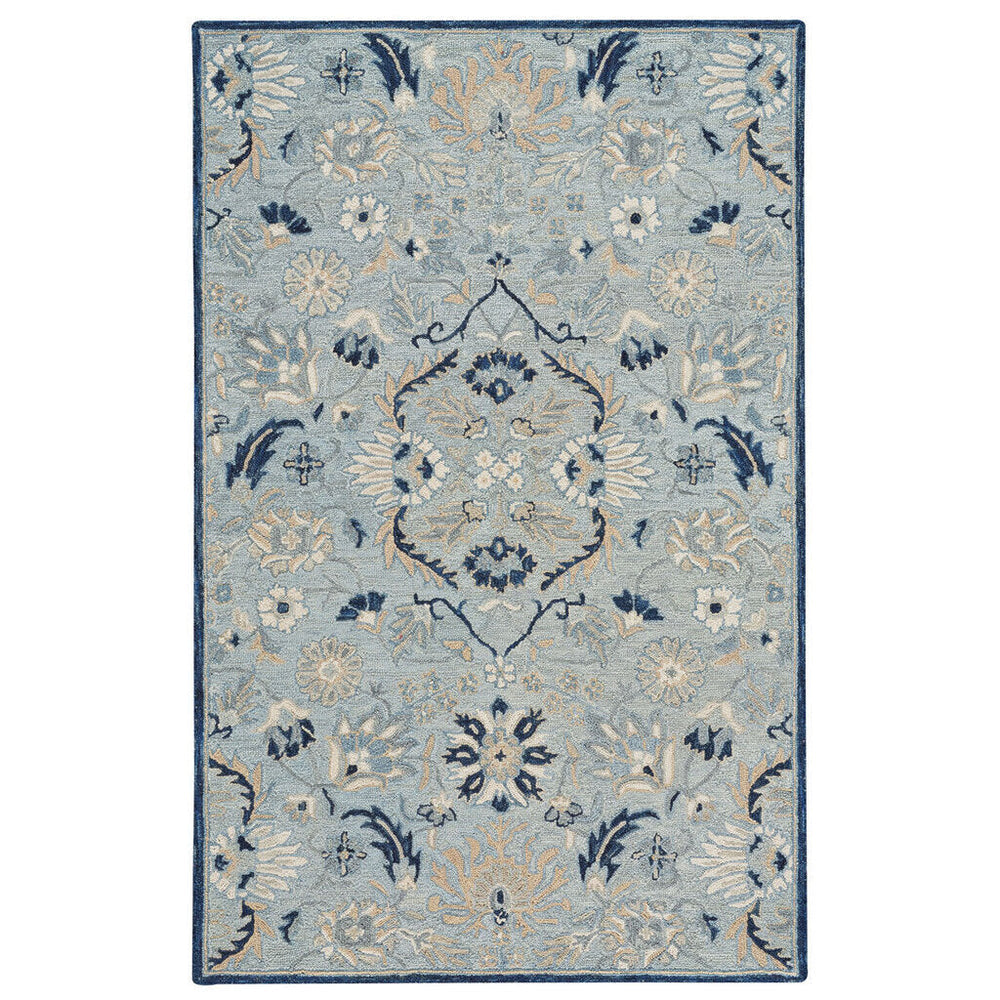 Decorative rug with floral pattern on a light blue background