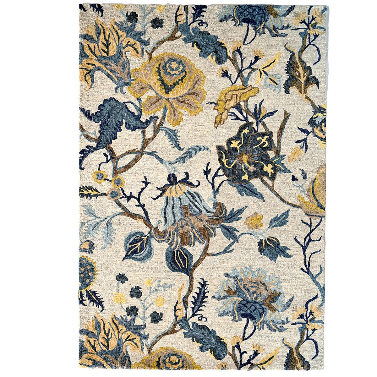 Floral patterned rug with blue and yellow flowers on a beige background