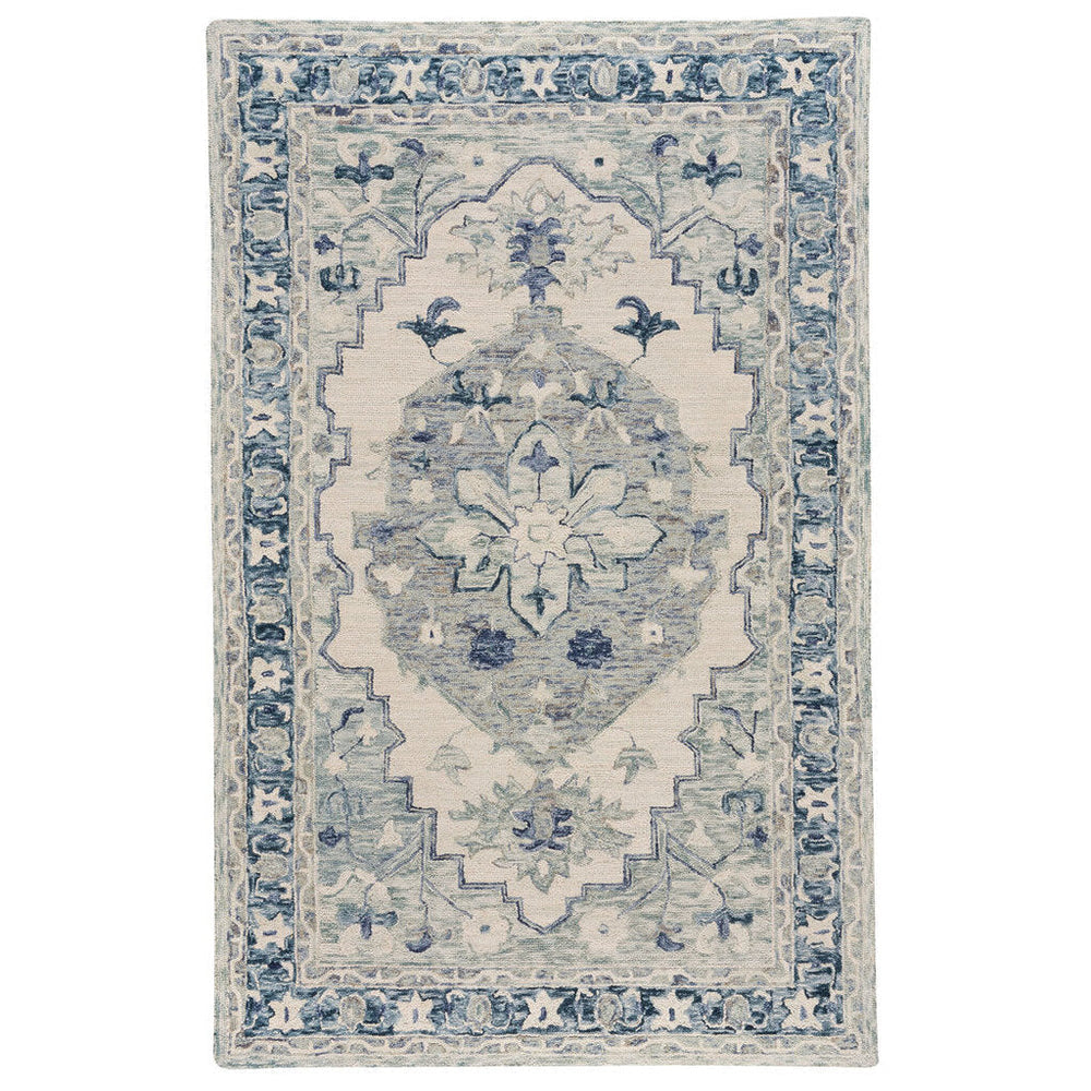 Decorative rug with blue and beige pattern on a white background