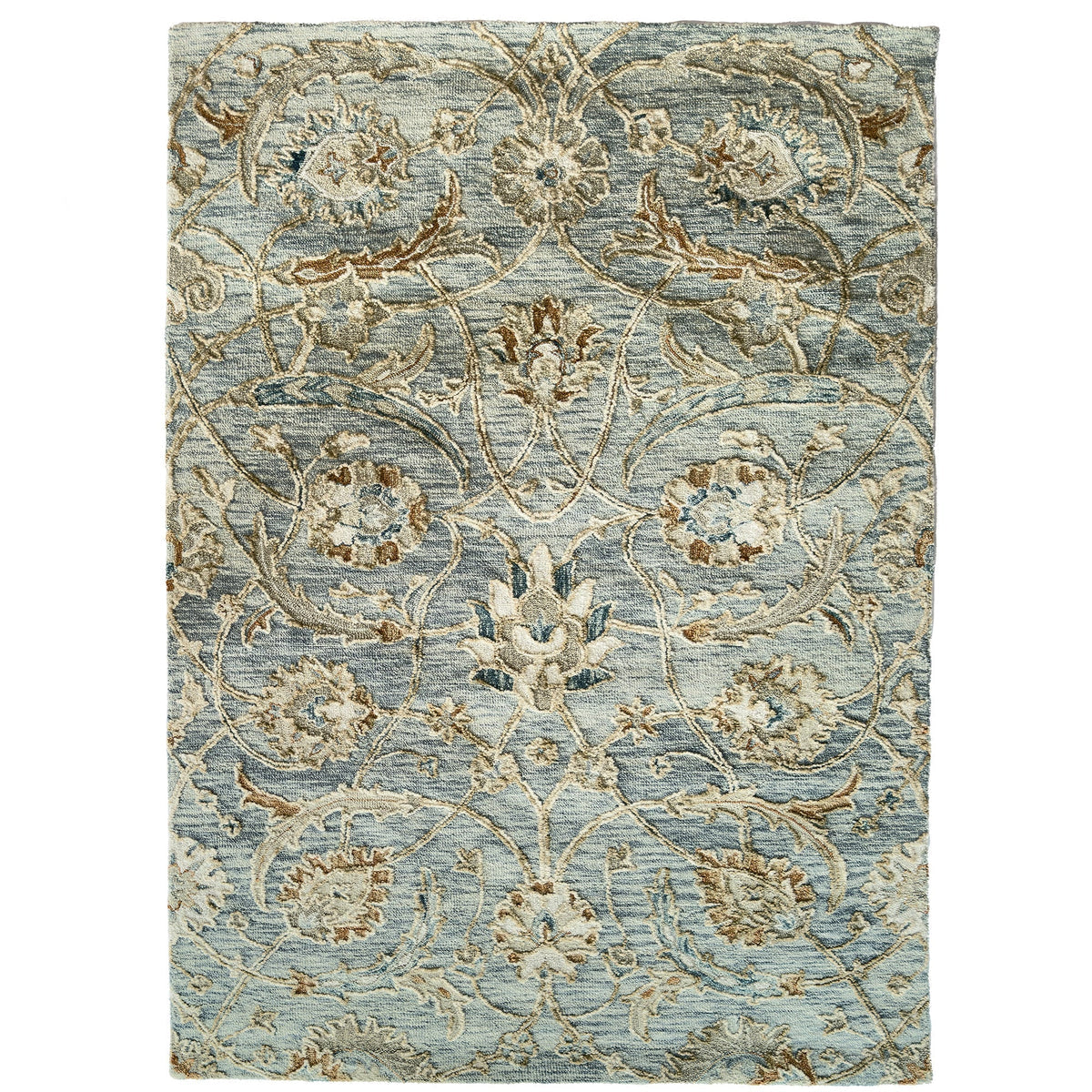 Decorative floral rug with intricate patterns on a light blue background