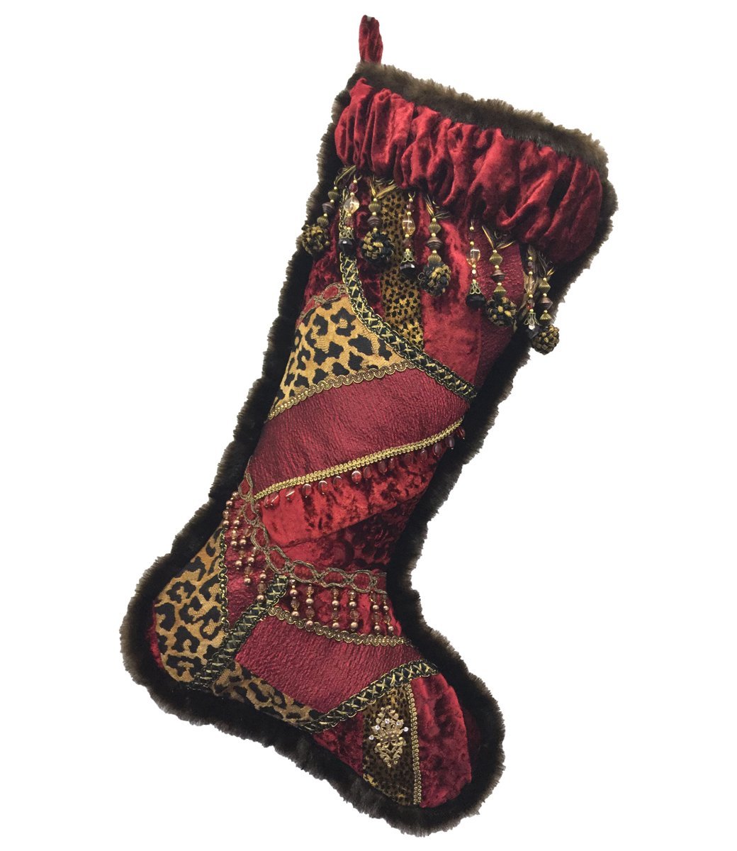 Christmas Stocking Red Velvet Leopard Print Pieced Stockings