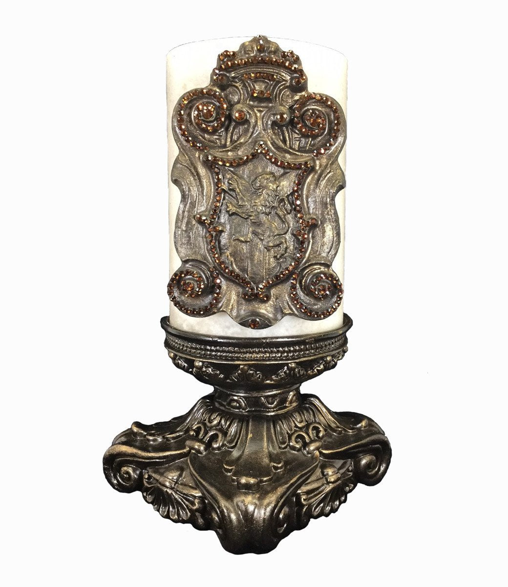 Decorative_candle-triple_scented-cream-6x9-vanilla-bronze_jeweled_shield-6x9_bronze_candle_base-sir_olivers-reilly_chance_collection_grande