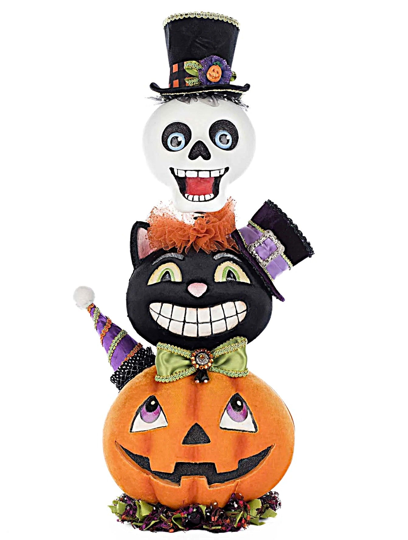 Halloween-themed decoration with a black cat, pumpkin, and skull on a white background