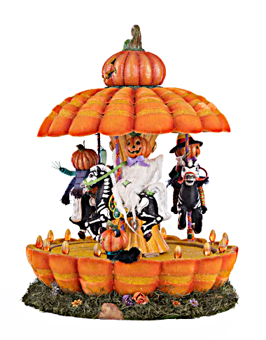 Halloween-themed carousel with pumpkins and spooky figures on a white background