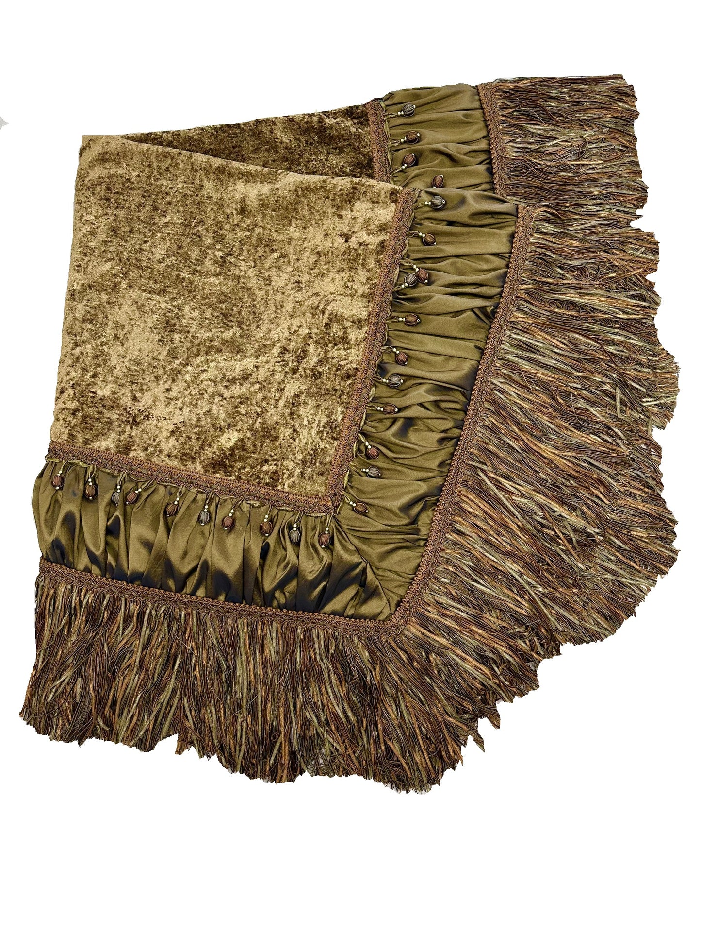 Luxury Square Table Topper Olive Green and Bronze Velvet with Fringe