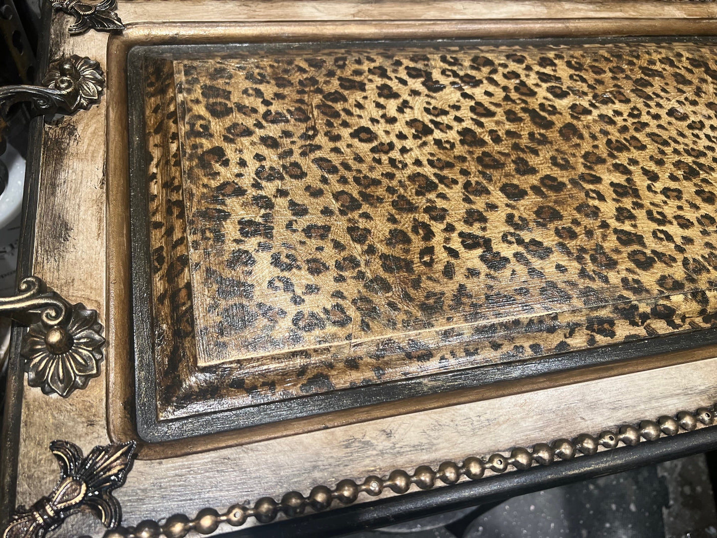 Michelle Butler Decorative Leopard Serving Tray with Fleur de Lis Limited