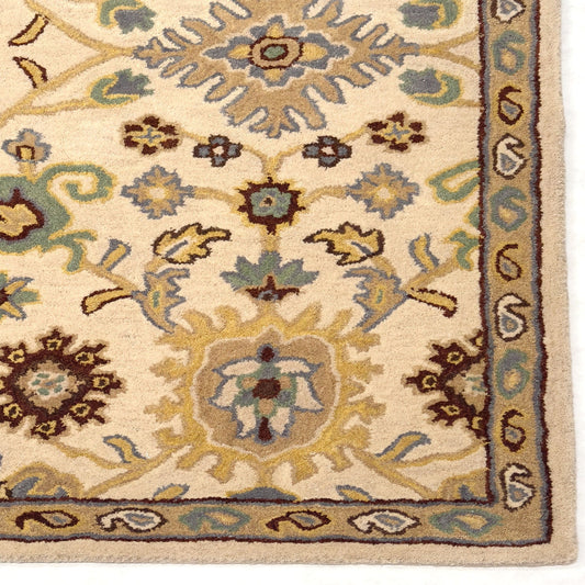 Close-up of a patterned rug with intricate designs on a beige background