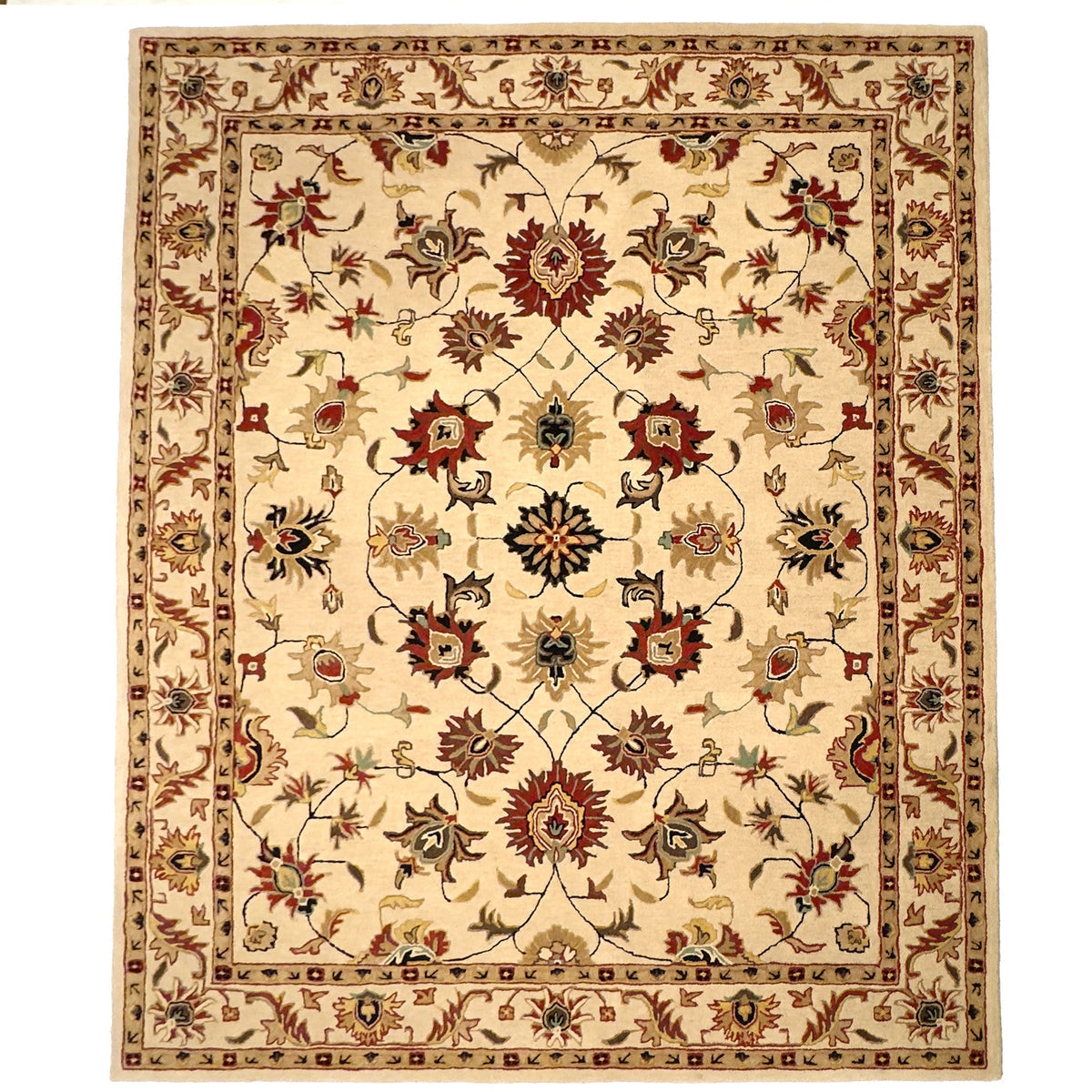 Decorative rug with intricate patterns on a beige background