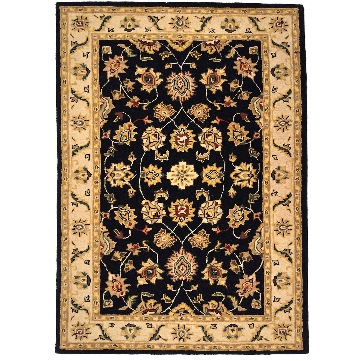 Decorative rug with intricate patterns on a black background