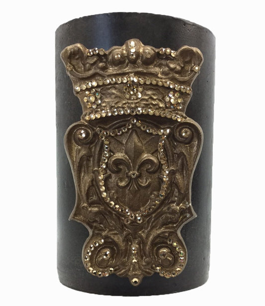 Triple_scented_decorative__brown_candle-roasted_chestnut-6x9-gold_jeweled_fleur_de_lis_shield-sir_olivers-reilly_chance_collection_grande