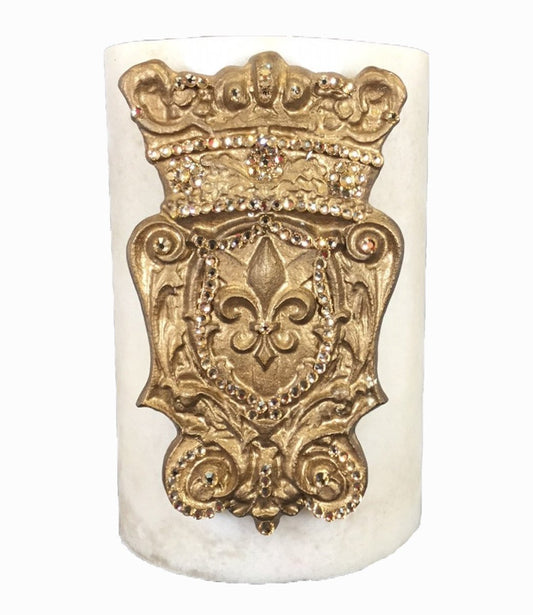 Triple_scented_decorative_cream_candle-vanilla-6x9-gold_jeweled_shield-swarovski_crystals-sir_olivers-reilly_chance_collection_grande