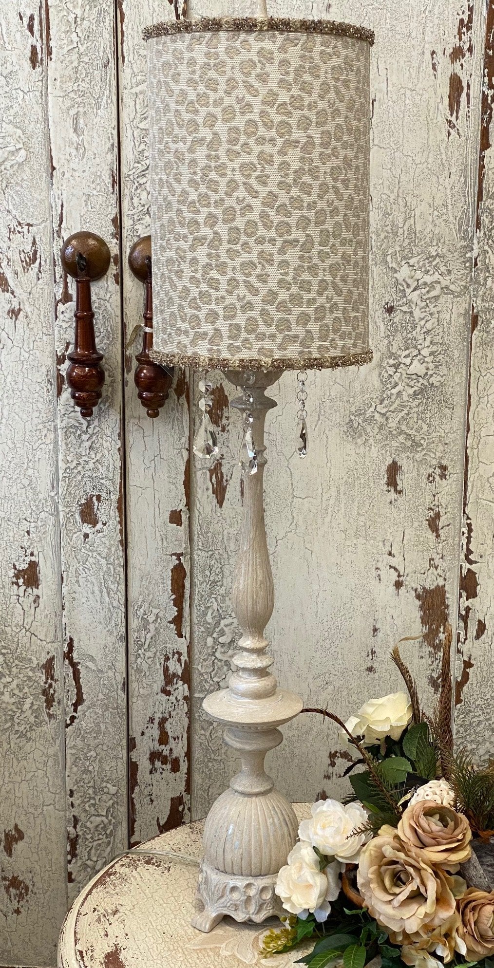 Gallery Designs Accent Lamp Cream And Grey Leopard Print Shade With Crystals Lighting