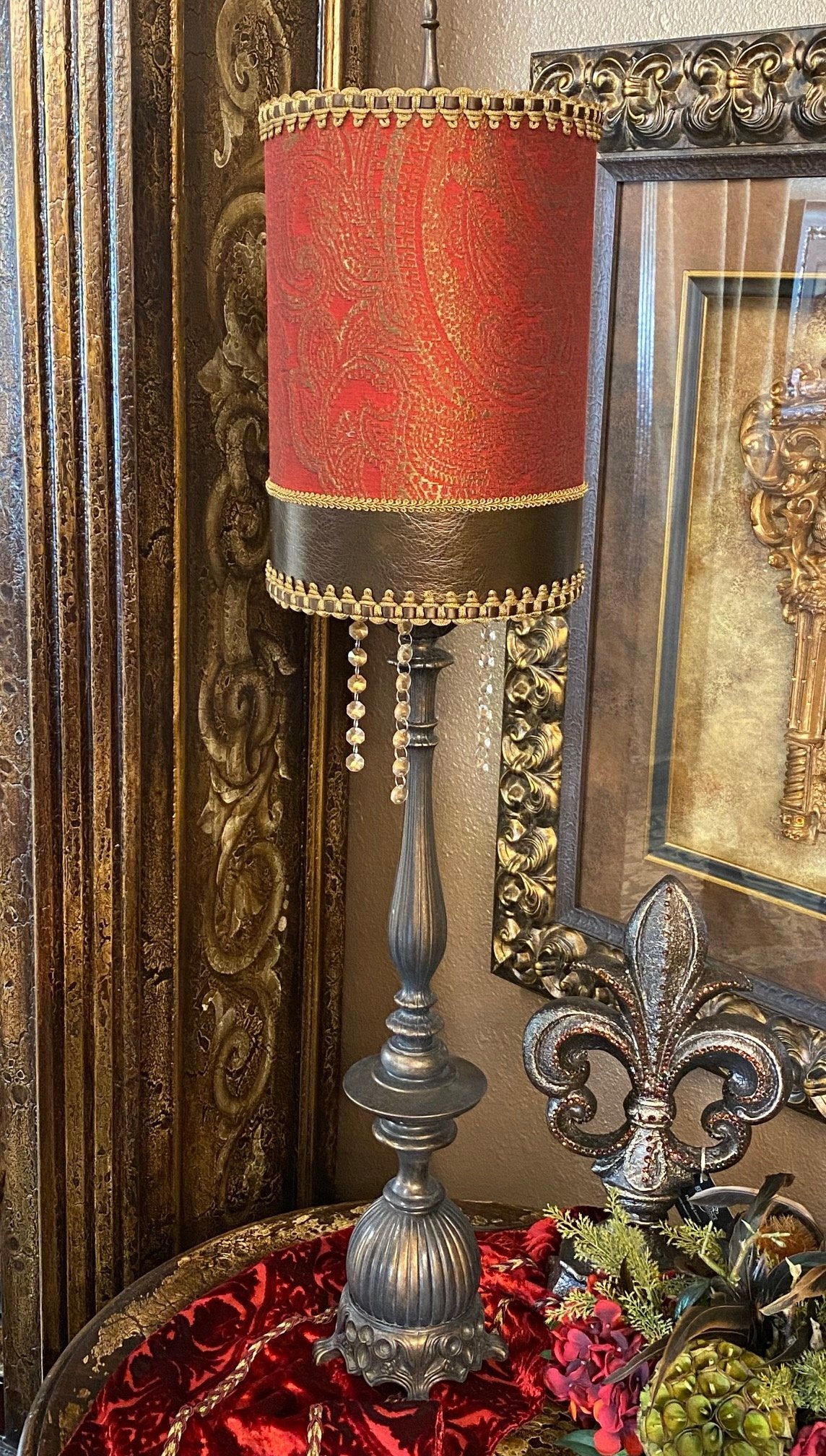 Gallery Designs Buffet Lamp Red And Gold Print Crystals Lighting