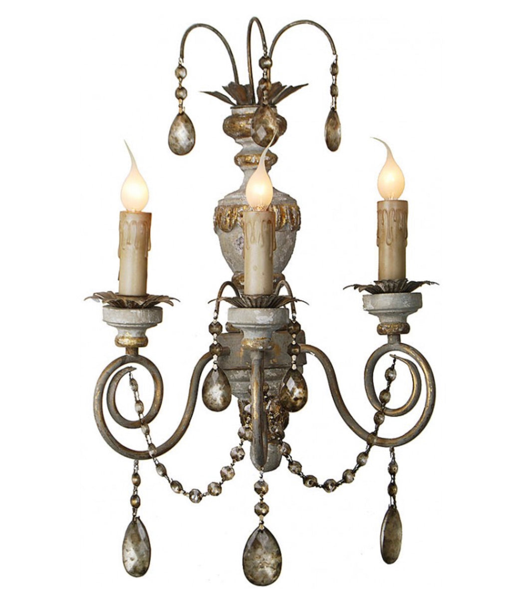 Set Of 2 Hand Carved Wood Sconce Lights With Antiqued Glass Crystals Gallery Designs Lighting
