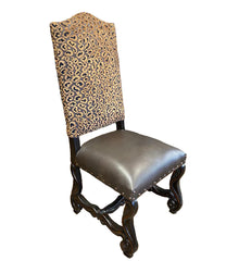 Old World Upholstered Dining Room Chair Leopard Chenille Print with Carved Detailing on Back