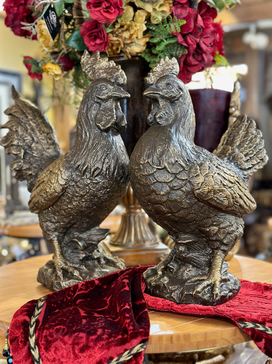 Set of 2 Large Rooster and Hen Bronze