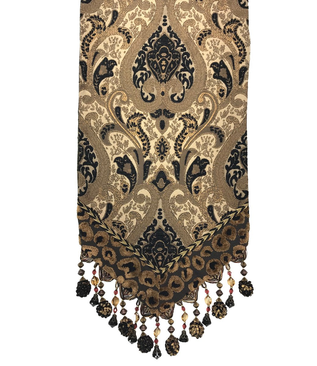 Small Luxury Table Runner Black And Bronze Damask Chenille