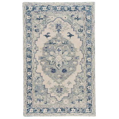 Decorative rug with blue and beige pattern on a white background