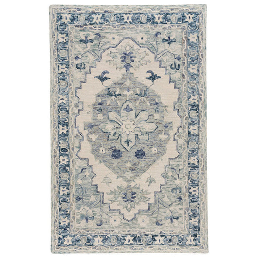 Decorative rug with blue and beige pattern on a white background
