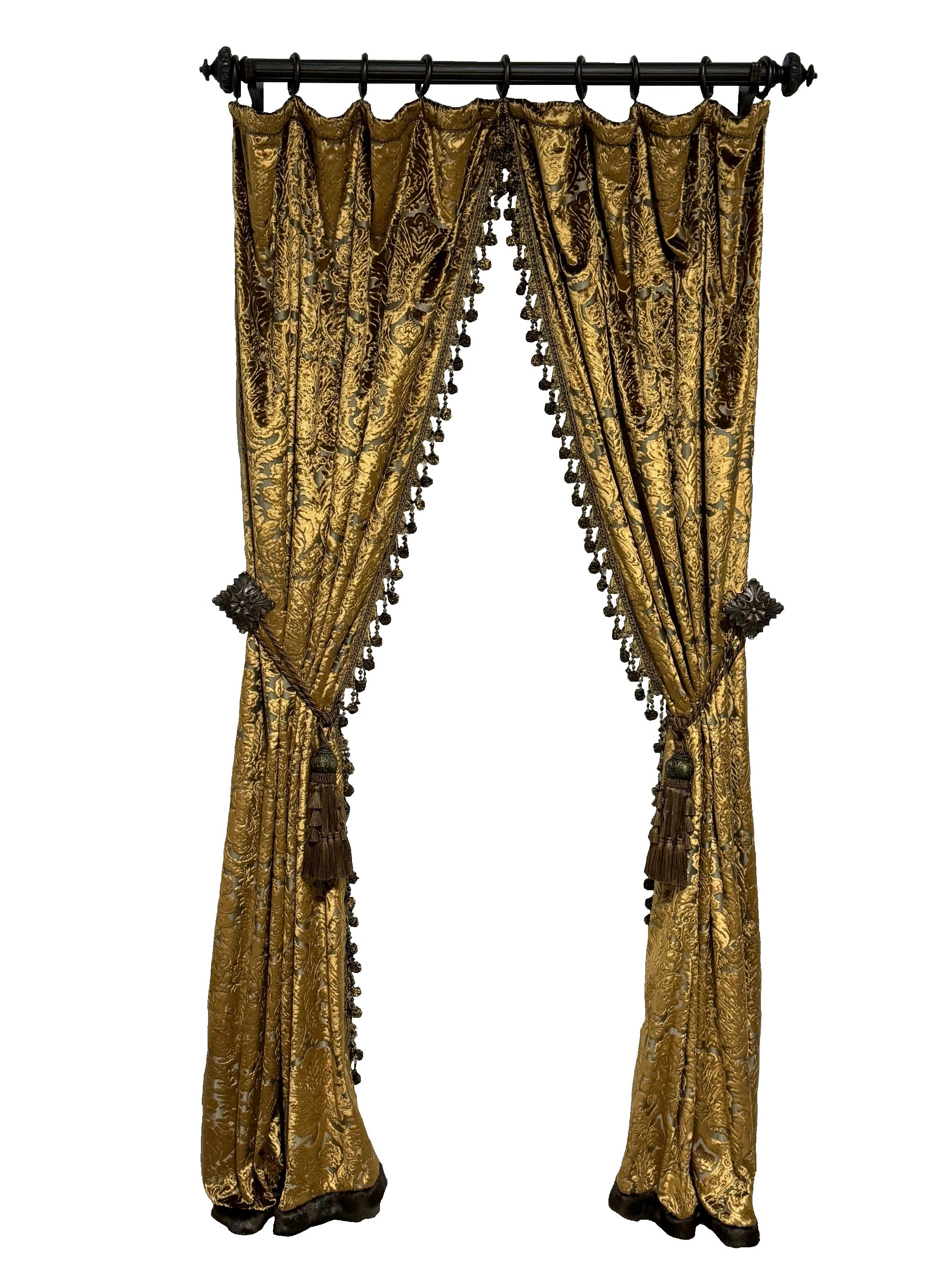 Luxury Curtain Panel Burnished Gold Cut Velvet with beaded tassel fringe