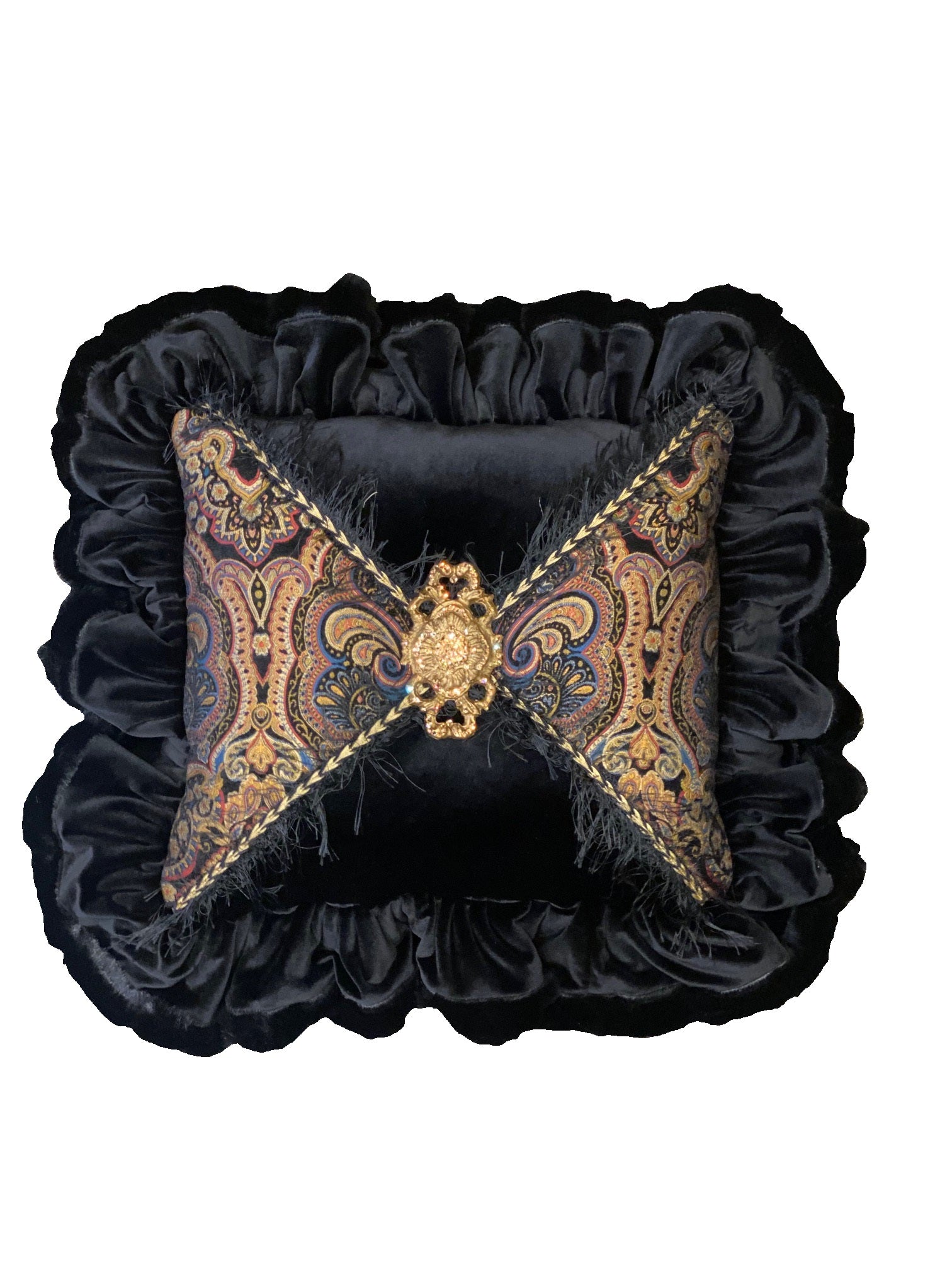 Sable Black Velvet Ruffled Pillow with Jeweled Medallion