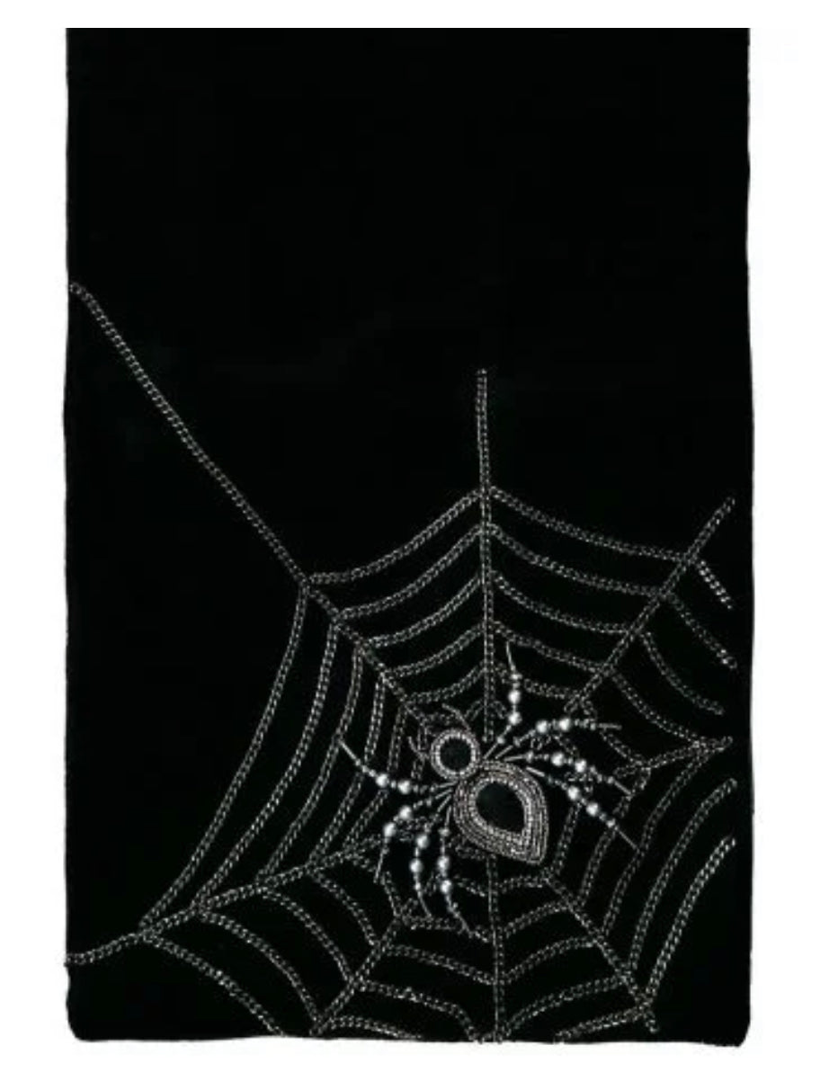 Black Velvet Halloween Table Runner Web & Beaded Spider