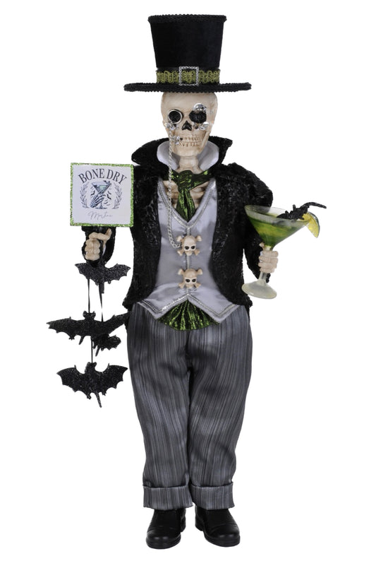 Skeleton figure in a formal outfit with a top hat, holding a drink and sign, on a white background