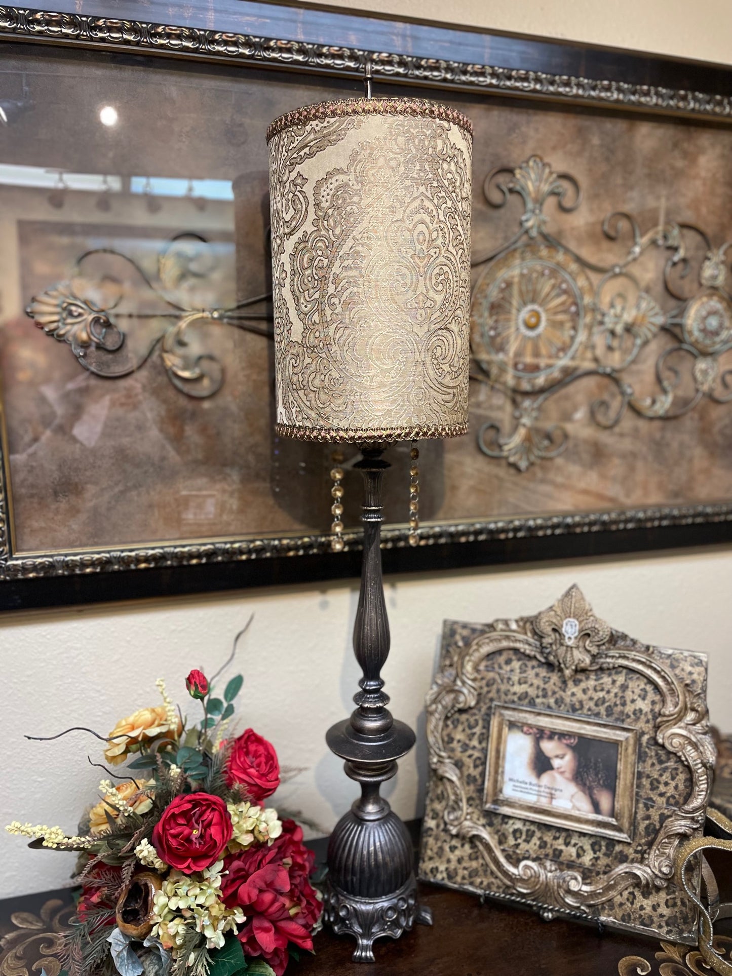 Gallery Designs Buffet Lamp with Crystals Gold Damask Lamp Shade