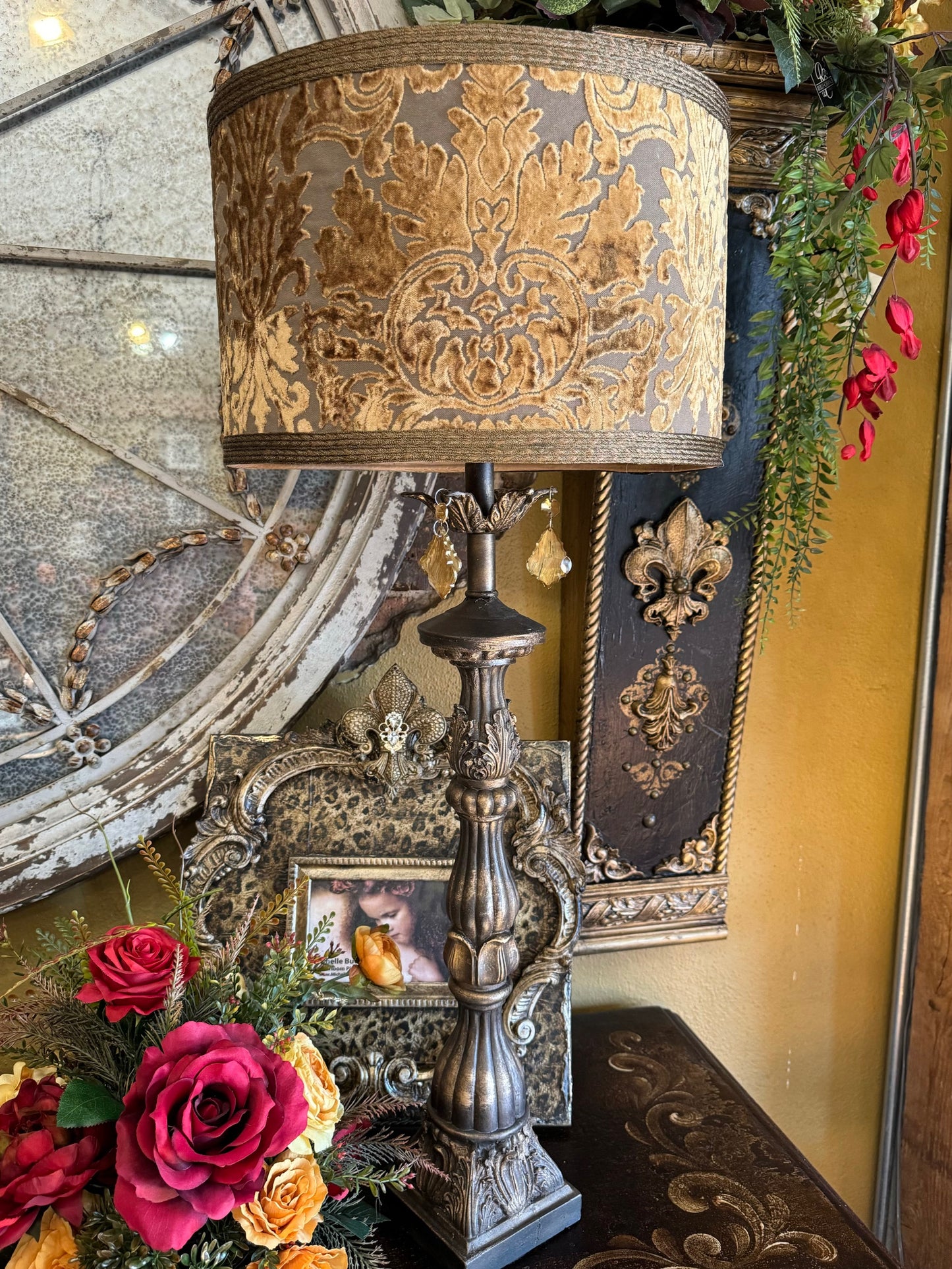 Gallery Designs Table Lamp with Crystals and Brussels Gold Lamp Shade