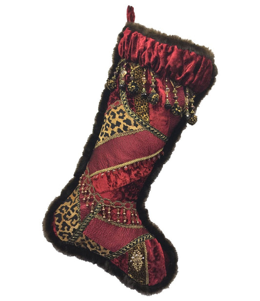 Christmas Stocking Red Velvet Leopard Print Pieced Stockings