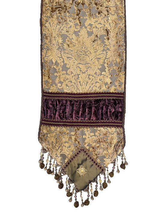 Designer Table Runner Gold Bronze Damask with Purple Velvet