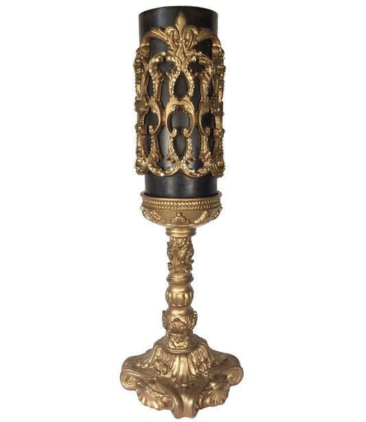 Decorative_brown_candle-4x9-roasted__chestnut-gold_jeweled_firescreen-gold_12_inch_candle_base-sir_olivers-reilly_chance_collection_grande