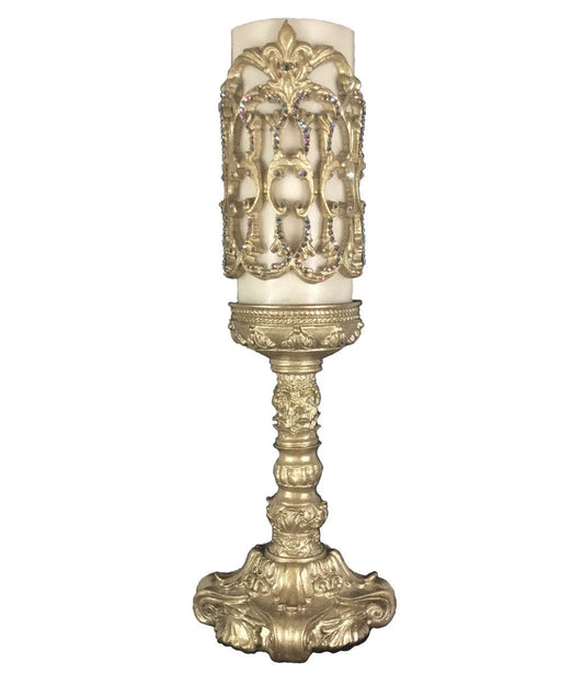 Decorative_candle-cream-4x9-vanilla-champagne_jeweled_firescreen-4x12_candle_holder-sir_olivers-reilly_chance_collection_grande