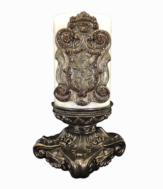 Decorative_candle-triple_scented-cream-6x9-vanilla-bronze_jeweled_shield-6x9_bronze_candle_base-sir_olivers-reilly_chance_collection_grande