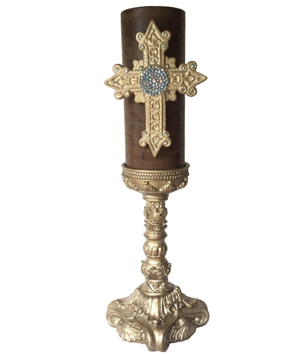 Decorative_candle-triple_scented-light_brown-4x9-fresh_linen-champagne_jeweled_cross-champagne_12_inch_candle_base-sir_olivers-reilly_chance_collection_grande