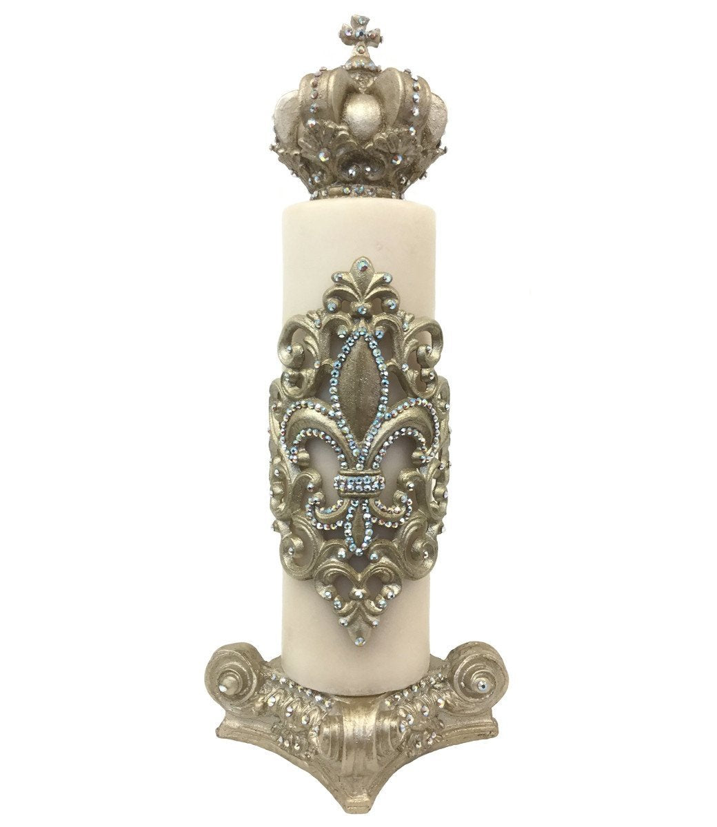 Decorative Candle 4X12 Fleur De Lis Scroll Wrap/ Jeweled Base/ Crown Topper Candle/base Combination