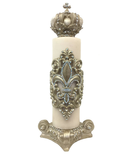 Decorative Candle 4X12 Fleur De Lis Scroll Wrap/ Jeweled Base/ Crown Topper Candle/base Combination