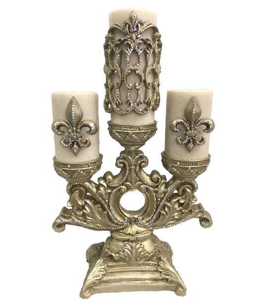 Decorative Candle/candle Base (2-4X6 Candles/jeweled Fleur De Lis /1-4X9 Candle/firescreen)