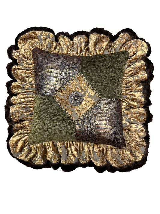 Olive Green and Gold Velvet with Faux Croc Ruffled Pillow with Jeweled Medallion