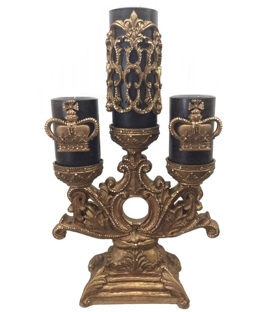 Decorative_three_tier_candle_holder-gold-brown_candles-roasted_chestnut-Gold_jeweled_crowns-firescreen-sir_olivers-reilly_chance_collection_grande
