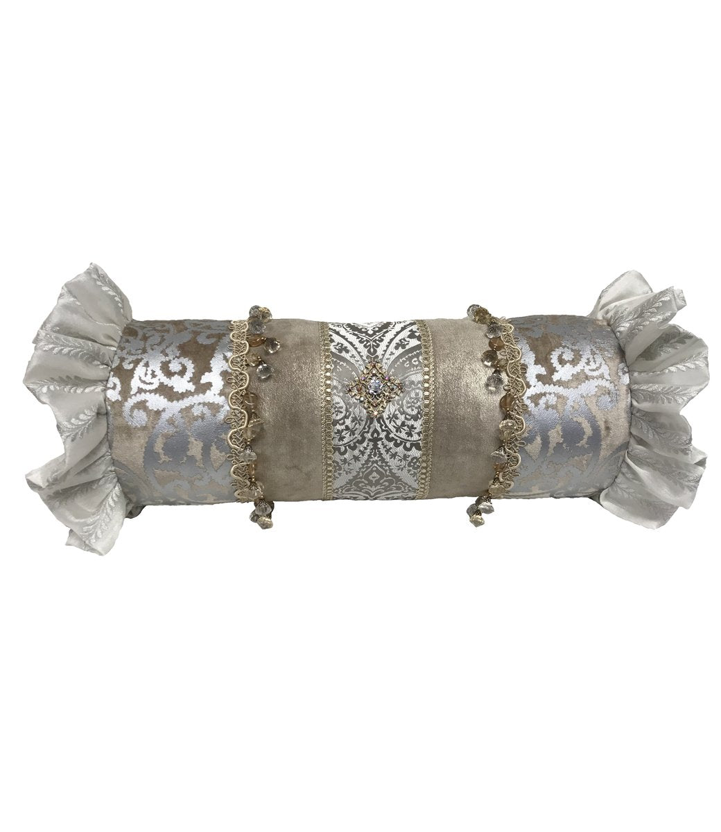 Glam Decorative Pillow Bolster Silver and Off White Reilly Chance Collection