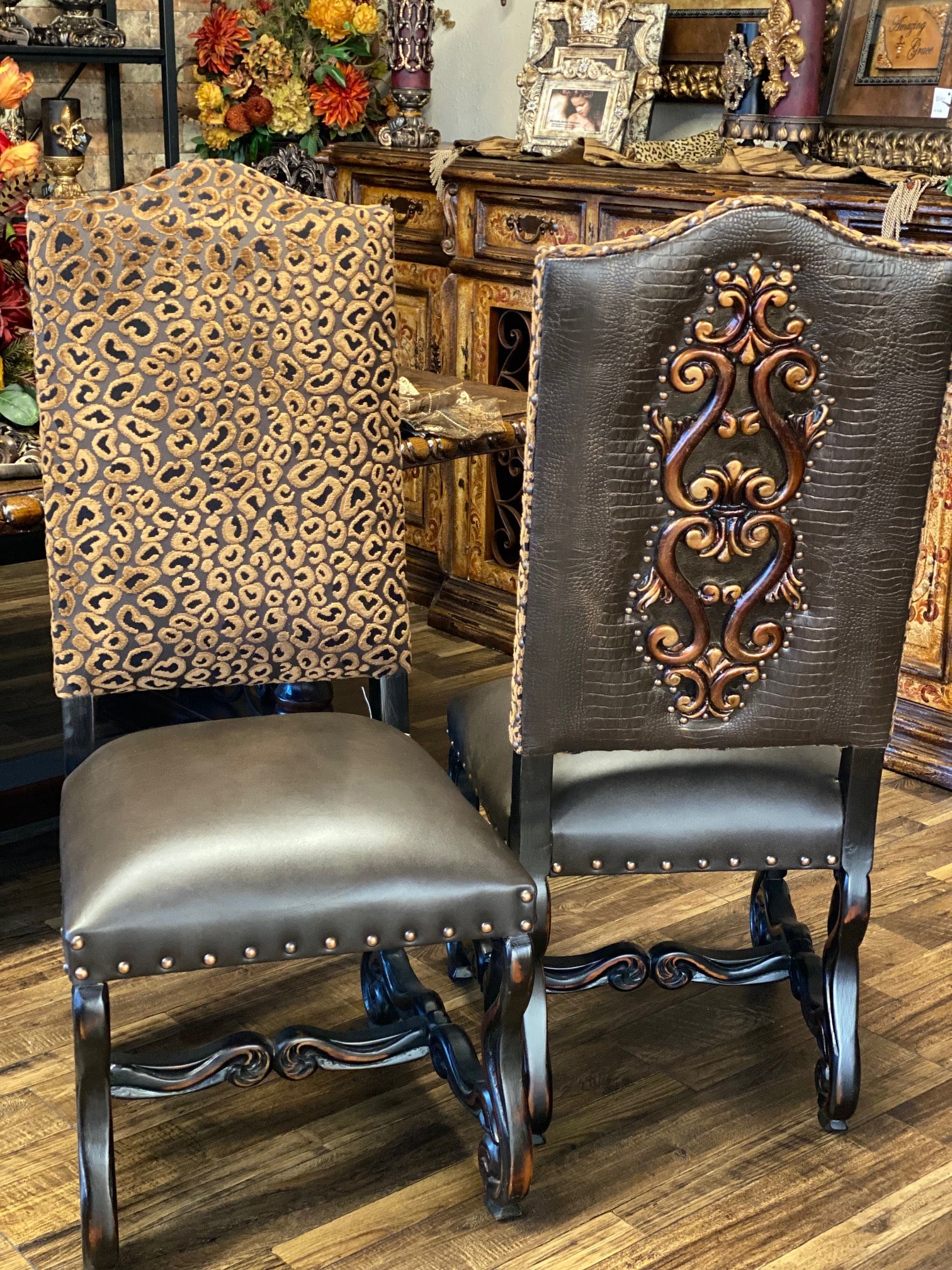 Old World Upholstered Dining Room Chairs Leopard Chenille Print with Carved Detailing on Back
