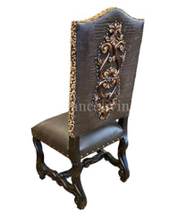 Old World Upholstered Dining Room Chairs Leopard Chenille Print with Carved Detailing on Back
