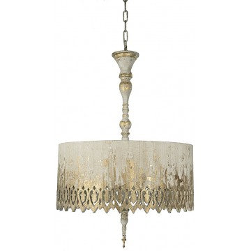 Distressed Cream & Gold Metal Pendant Light with Carved Wood Shade
