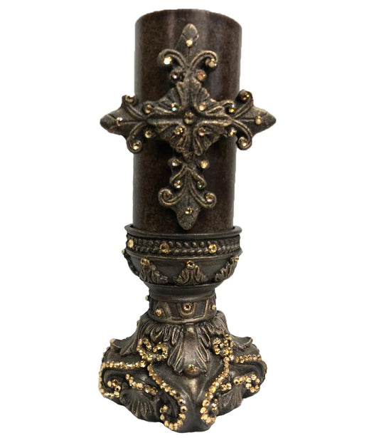 Decorative Candle 3X6 Jeweled Base Fancy Cross Candle/base Combination