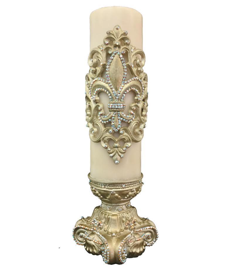 Decorative Candle 4X12 Fleur De Lis Scroll Wrap/ Jeweled 4X6 Base Candle/base Combination