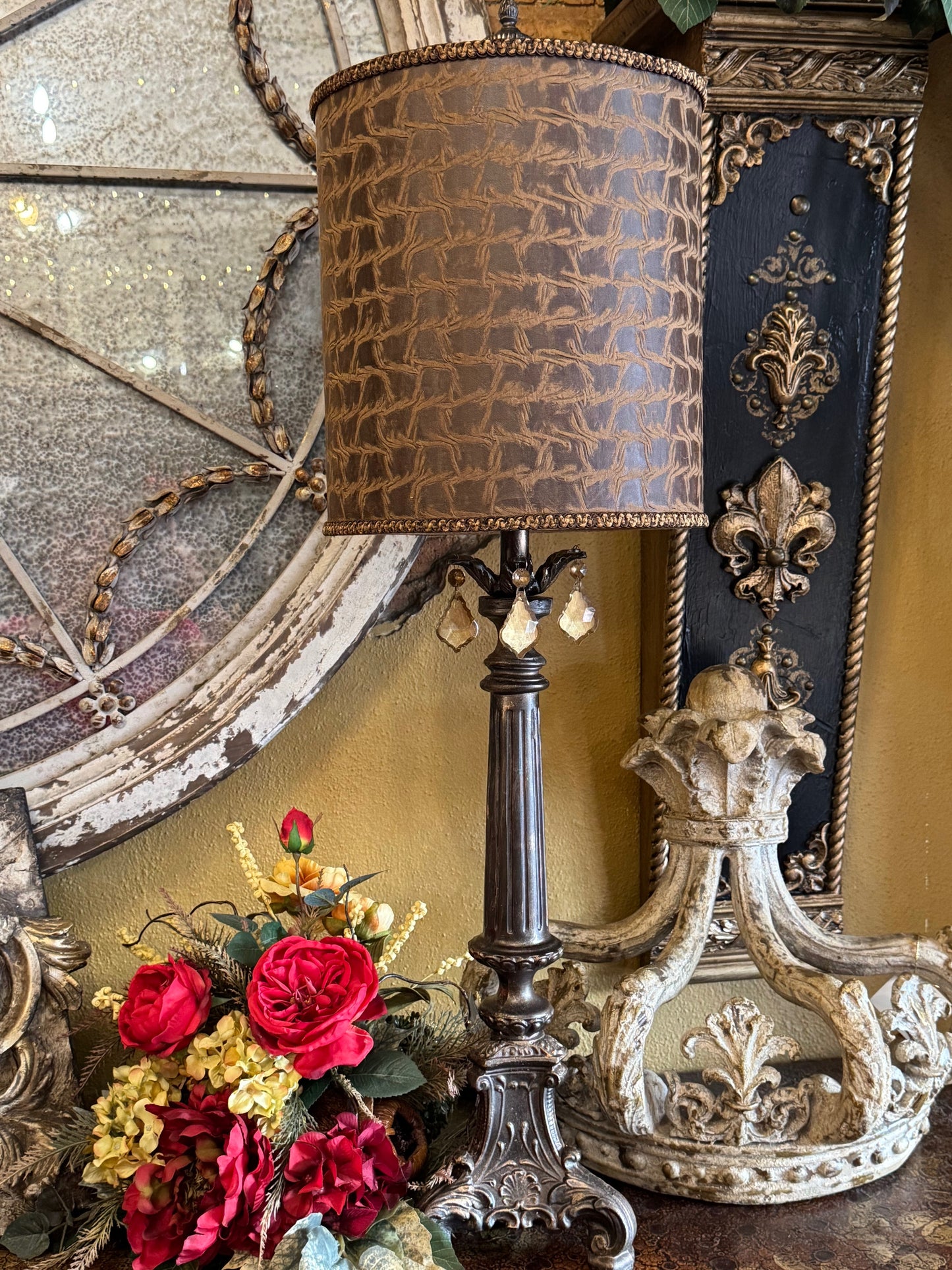 Gallery Designs Accent Lamp with Crystals and Chocolate Brown Print Lamp Shade