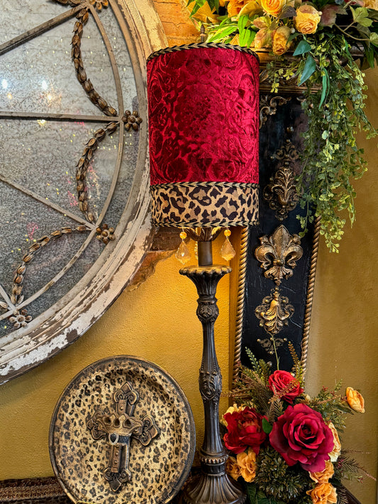 Gallery Designs Table Lamp Red Velvet and Leopard with Crystals