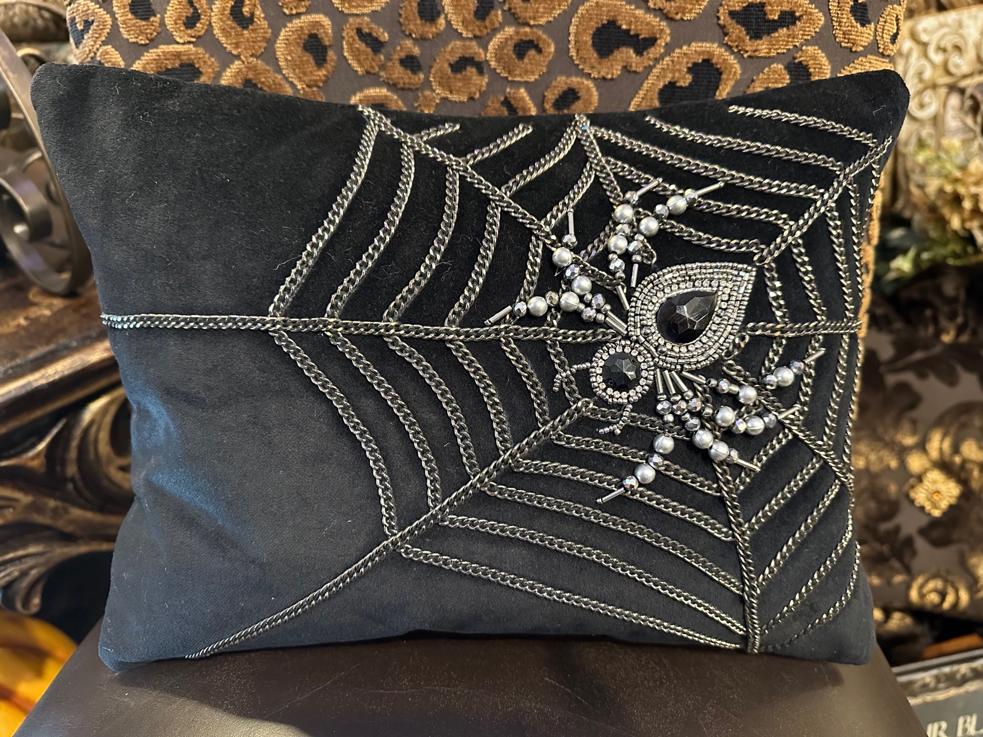 Halloween Pillow Black Velvet with Jeweled Spider