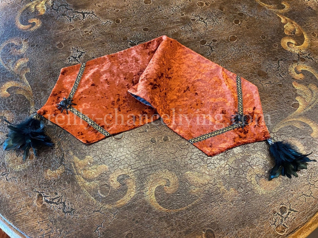 Halloween Rust Velvet Table Runner with Spider